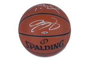 LEBRON JAMES AND TOM BRADY DUAL-SIGNED SPALDING OFFICIAL NBA BASKETBALL - FANATICS AUTH, UPPER DECK CERTIFICATION