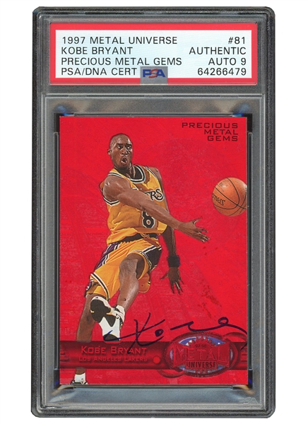FRESHLY GRADED 1997 SKYBOX METAL UNIVERSE PRECIOUS METAL GEMS #81 KOBE BRYANT (60/100)  - PSA AA, MINT 9 AUTO - THE ONLY KNOWN AUTOGRAPHED KOBE PMG IN THE HOBBY! 