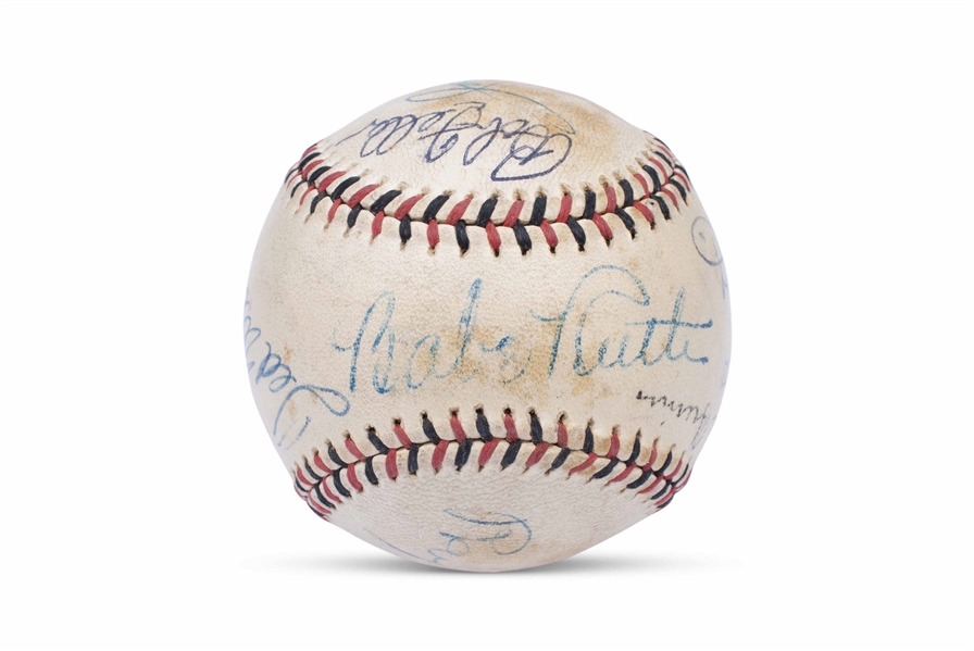 MLB HALL OF FAMERS MULTI-SIGNED OFFICIAL LEAGUE BASEBALL WITH BABE RUTH ON THE SWEET SPOT - PSA/DNA LOA