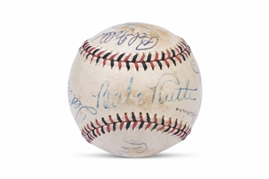 MLB HALL OF FAMERS MULTI-SIGNED OFFICIAL LEAGUE BASEBALL WITH BABE RUTH ON THE SWEET SPOT - PSA/DNA LOA