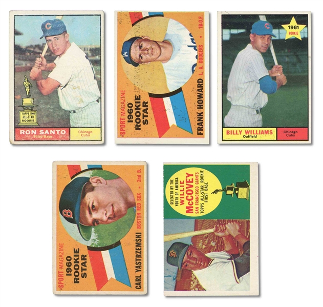 GROUP OF (5) 1960 & 61 TOPPS BASEBALL ROOKIES - 60 #132 F. HOWARD, #148 YASTRZEMSKI, #316 MCCOVEY; 61 #35 SANTO, #141 BILLY WILLIAMS - PRESENT AS POOR TO GOOD (CANADA 150)
