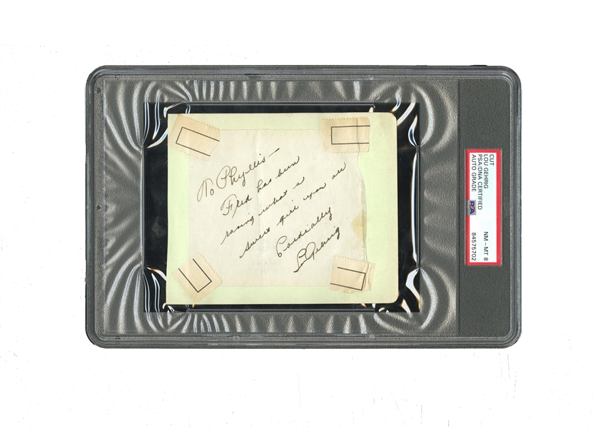 BEAUTIFUL LOU GEHRIG AUTOGRAPHED AND INSCRIBED ALBUM PAGE - PSA/DNA NM-MT 8