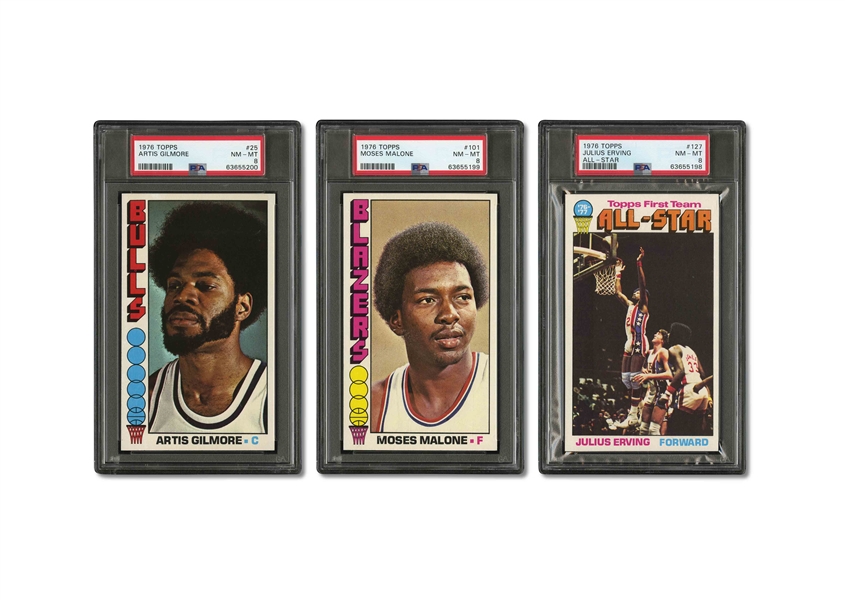 TRIO OF 1976 TOPPS BASKETBALL PSA NM-MT 8 GRADED CARDS - #25 ARTIS GILMORE, #101 MOSES MALONE & #127 JULUIS ERVING ALL-STAR  