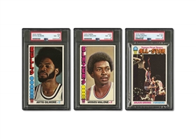 TRIO OF 1976 TOPPS BASKETBALL PSA NM-MT 8 GRADED CARDS - #25 ARTIS GILMORE, #101 MOSES MALONE & #127 JULUIS ERVING ALL-STAR  