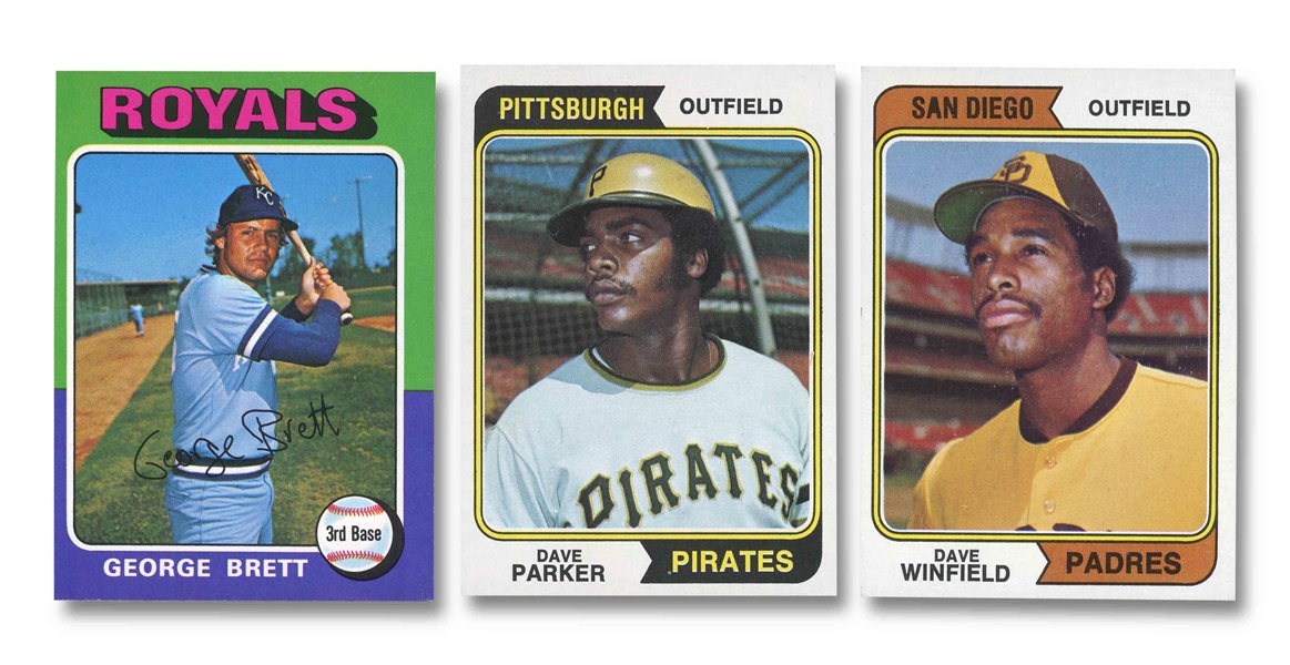 GROUP OF (3) 1974-75 BASEBALL ROOKIE CARDS - 74 TOPPS #252 DAVE PARKER, #456 DAVE WINFIELD; 75 O-PEE-CHEE #228 GEORGE BRETT - PRESENT AS GOOD TO VG (CANADA 150)