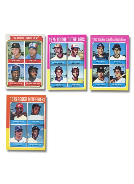 GROUP OF (4) 1974-75 BASEBALL ROOKIE CARDS - 74 TOPPS #600 MADLOCK/R. SANDERS; 75 TOPPS #616 JIM RICE, #620 GARY CARTER; 75 O-PEE-CHEE #622 FRED LYNN - PRESENT AS GOOD TO VG (CANADA 150)