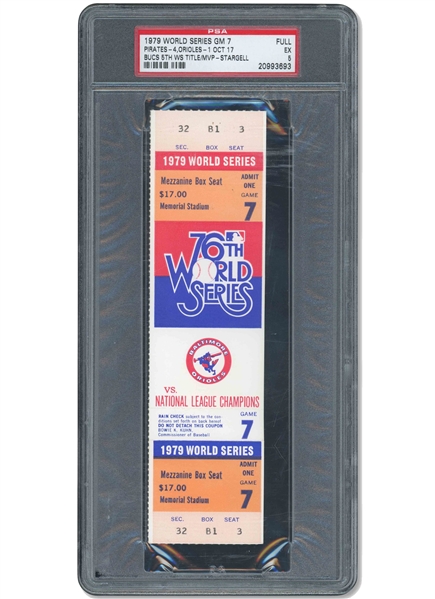 1979 WORLD SERIES GAME 7 FULL TICKET (PIRATES WIN FIFTH WORLD SERIES TITLE) - PSA EX 5