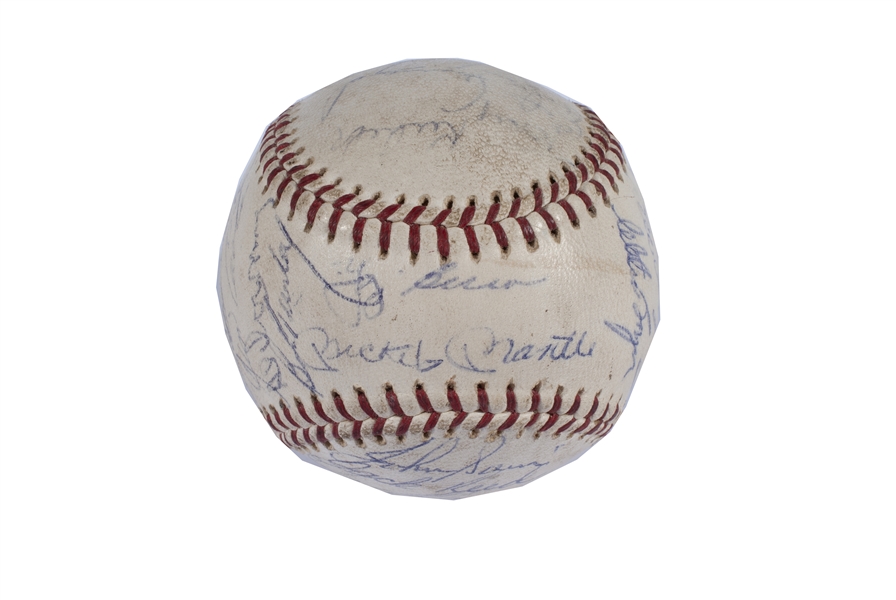 1961 NEW YORK YANKEES WORLD SERIES CHAMPION TEAM SIGNED OAL (CRONIN) BASEBALL WITH 33 AUTOS. INCL. MANTLE & BERRA (SWEET SPOT), MARIS, FORD, ETC. - BECKETT LOA, HERB CARNEAL LOP