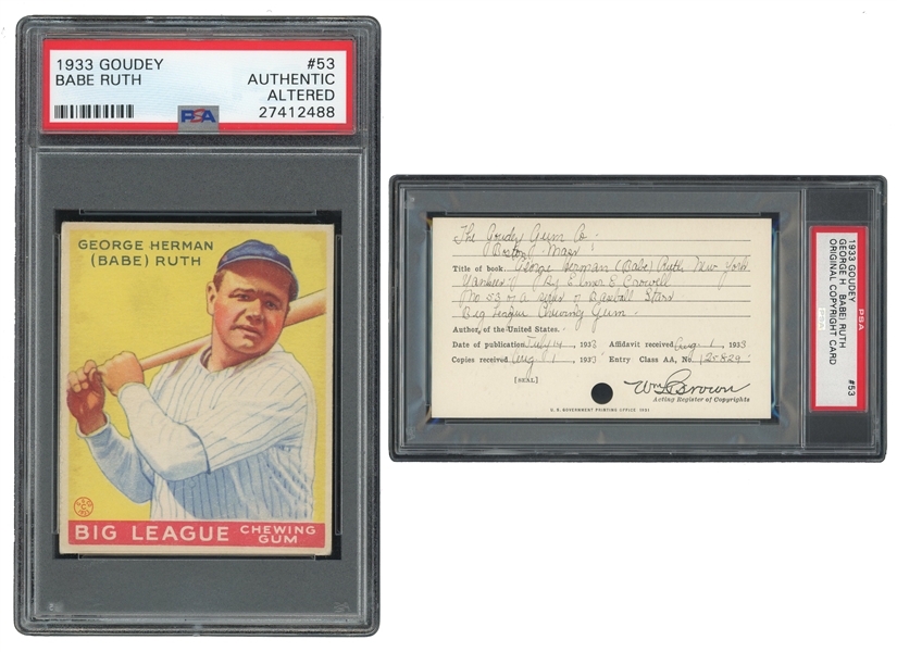 EXTRAORDINARY PAIRING OF 1933 GOUDEY #53 BABE RUTH (PSA AA) WITH ITS ONE-OF-A-KIND PSA ENCAPSULATED ORIGINAL LIBRARY OF CONGRESS COPYRIGHT CARD FOR THE COVETED GOUDEY #53 RUTH ISSUE!