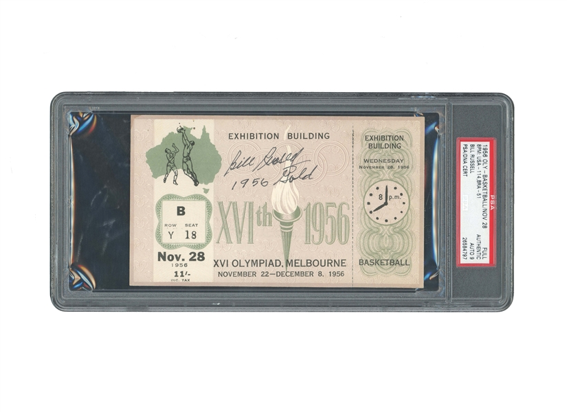 NOV. 28, 1956 MELBOURNE SUMMER OLYMPICS BASKETBALL FULL TICKET (USA 114, BRAZIL 51) SIGNED & INSCRIBED BY BILL RUSSELL - PSA AUTH. & PSA/DNA 9 AUTO. (1 OF 2 SIGNED IN POP REPORT)