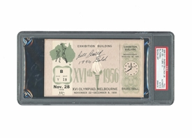 NOV. 28, 1956 MELBOURNE SUMMER OLYMPICS BASKETBALL FULL TICKET (USA 114, BRAZIL 51) SIGNED & INSCRIBED BY BILL RUSSELL - PSA AUTH. & PSA/DNA 9 AUTO. (1 OF 2 SIGNED IN POP REPORT)