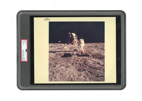 STUNNING 1969 NASA APOLLO 11 BLACK LETTER A ORIGINAL PHOTOGRAPH - ALDRIN ON THE MOON WITH AMERICAN FLAG AND LUNAR LANDER IN BACKGROUND - PSA/DNA TYPE I
