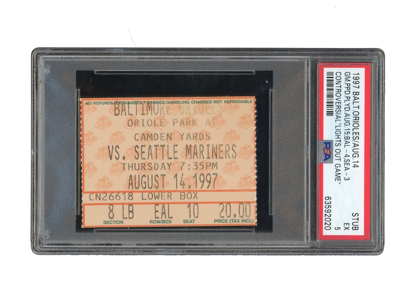 AUGUST 14, 1997 CAL RIPKEN JR. "LIGHTS OUT GAME" ORIOLES VS MARINERS TICKET STUB - PSA EX 5 (POP 1, ONLY GRADED EXAMPLE)