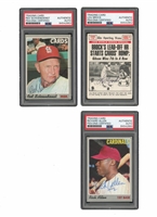 1969-70 TOPPS TRIO OF ST. LOUIS CARDINALS SIGNED CARDS - 1969 LOU BROCK WORLD SERIES #165, 1970 RICH ALLEN #40 AND RED SCHOENDIENST #346 - ALL PSA/DNA AUTH.