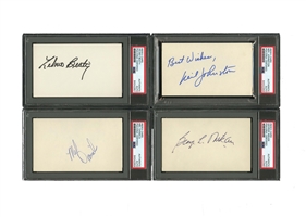 GROUP OF (4) NAISMITH HALL OF FAMER NICELY AUTOGRAPHED INDEX CARDS INCL. GEORGE MIKAN, NEIL JOHNSTON, ZELMO BEATY & MEL DANIELS - ALL PSA/DNA AUTHENTIC