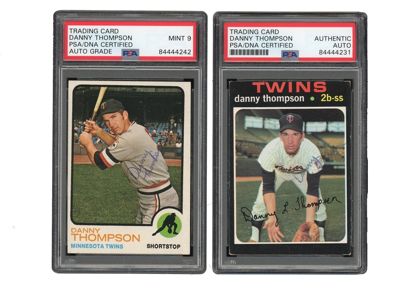 PAIR OF DANNY THOMPSON (D. 76, AGE 29) SIGNED 1971 TOPPS #127 (PSA/DNA AUTH.) AND 1973 TOPPS #443 (PSA/DNA MINT 9)