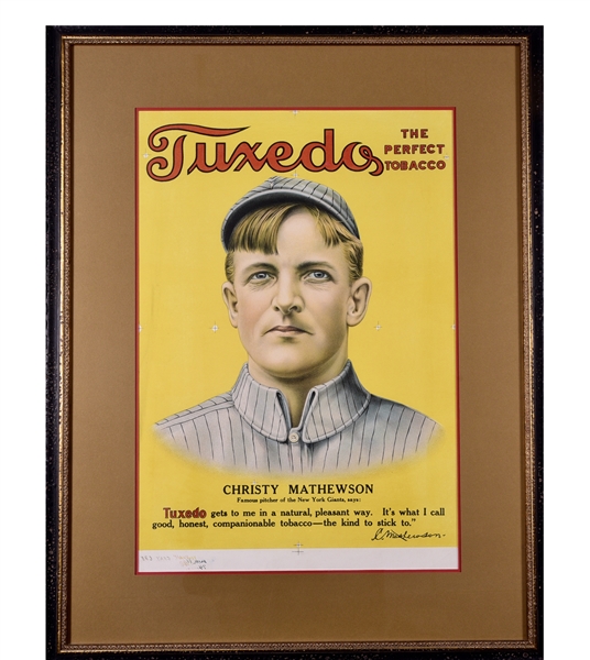 ONE-OF-A-KIND C. 1910 CHRISTY MATHEWSON TUXEDO TOBACCO BOX PROOF ADVERTISING DISPLAY - THE MONA LISA OF BASEBALL ADVERTISING SIGNS!