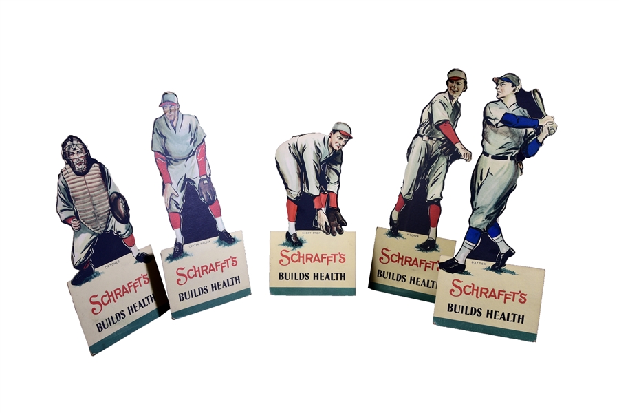 CIRCA 1930S SET OF (10) SCHRAFFTS BASEBALL ADVERTISING CUTOUTS - LIKELY THE ONLY COMPLETE SET IN EXISTENCE