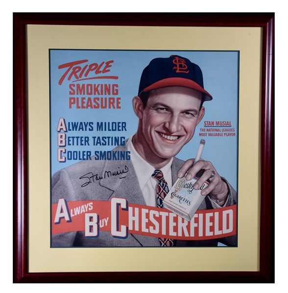 SIZABLE 1947 STAN MUSIAL AUTOGRAPHED CHESTERFIELD ADVERTISING DISPLAY - BECKETT LOA