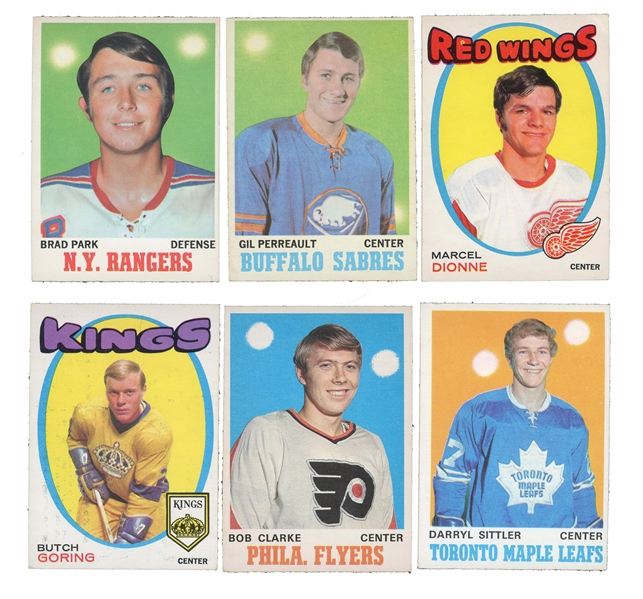 GROUP OF (6) 1970-71 O-PEE-CHEE HOCKEY ROOKIE CARDS - 1970 #67 PARK, #131 PERRAULT, #195 CLARKE, #218 SITTLER; 1971 #133 DIONNE, #152 GOHRING - PRESENT AS VG TO EX (CANADA 150) 