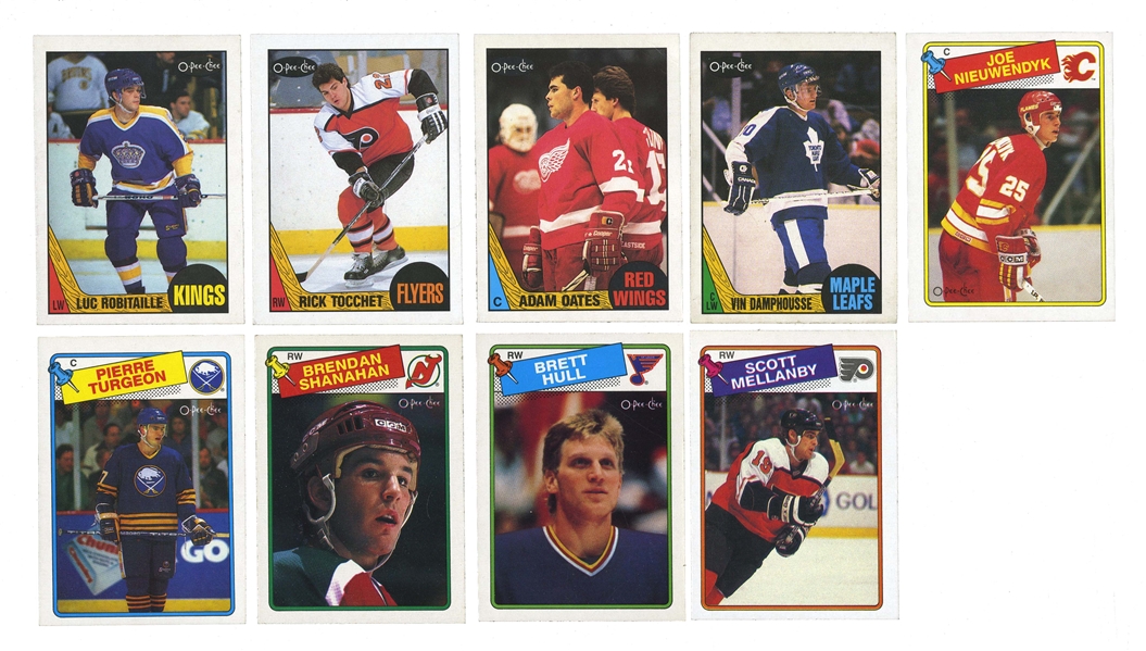 GROUP OF (9) 1987-88 O-PEE-CHEE HOCKEY ROOKIES - 87 #2 TOCCHET, #42 ROBITAILLE, #123 OATES, #245 DAMPHOUSSE; 88 #16 NIEUWENDYK, #21 MELLANBY, #66 HULL, #122 SHANAHAN, #194 TURGEON