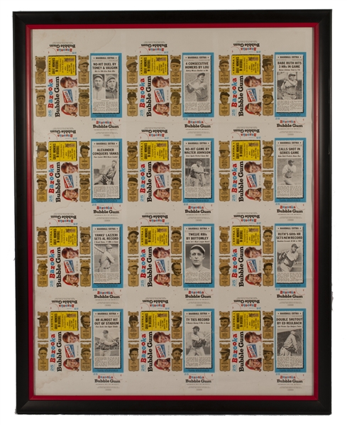 RARE 1969-70 BAZOOKA BUBBLE GUM BASEBALL EXTRA 31" X 40" FRAMED UNCUT SHEET - INC. RUTH & GEHRIG BOXES IN UPPER PANEL