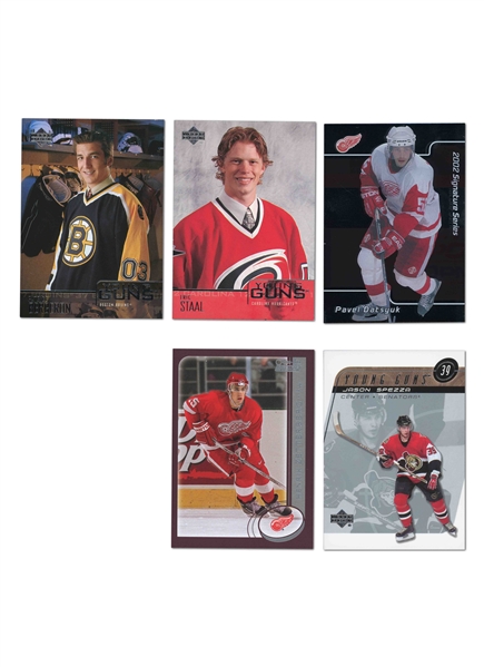 GROUP OF (5) 2002-03 HOCKEY ROOKIES - 02 IN THE GAME #233 DATSYUK; 02 O-PEE-CHEE #331 ZETTERBERG; 02 O-PEE-CHEE YOUNG GUNS #443 SPEZZA; 03 UD YOUNG GUNS #204 BERGERON, #206 STAAL