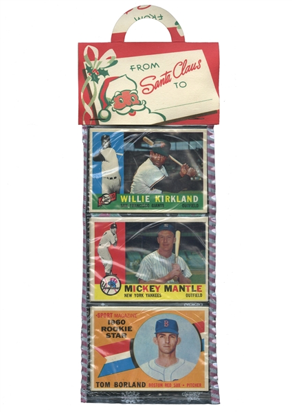 1960 TOPPS BASEBALL SEALED CHRISTMAS RACK PACK WITH MICKEY MANTLE #350 DISPLAYED ON FRONT PANEL - (12) CARDS