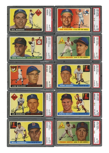 1955 TOPPS BASEBALL PSA GRADED COMPLETE SET OF (206) WITH 7.93 GPA & RANKED #15 ON PSA REGISTRY - ALL PSA NM-MT 8 OR HIGHER WITH ONLY TWO CARDS BELOW PSA NM-MT 8 