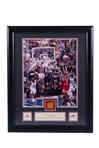 MICHAEL JORDAN 1998 NBA FINALS LAST SHOT DISPLAY WITH AUTHENTIC DELTA CENTER FLOOR PIECE - UDA
