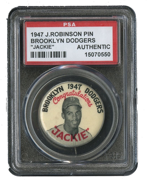 SUPER RARE 1947 JACKIE ROBINSON "JACKIE" BROOKLYN DODGERS PIN - PSA AUTHENTIC (1 OF 6 EVER GRADED)