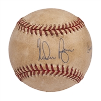 JULY 31, 1990 NOLAN RYAN SIGNED 300TH WIN GAME USED OAL (BROWN) BALL INSCRIBED "GAME BALL 300TH WIN 7/31/90" - HOME PLATE UMPIRE LOA, PSA/DNA LOA