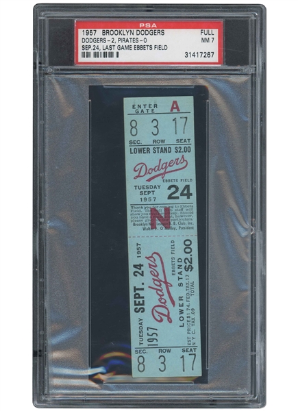 SEPT. 24, 1957 BROOKLYN DODGERS FINAL GAME AT EBBETS FIELD FULL TICKET - PSA NM 7 (ONLY TWO GRADED HIGHER)