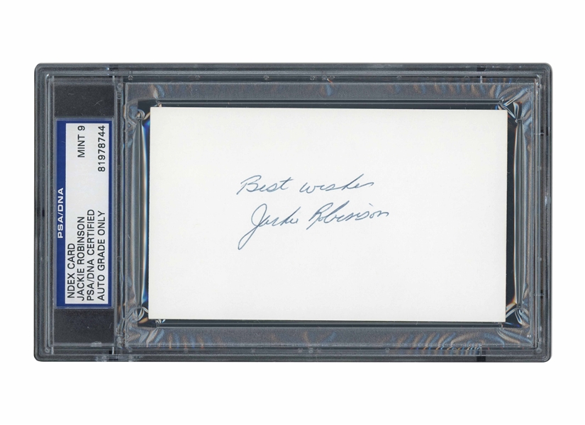 HIGH-GRADE JACKIE ROBINSON SIGNED & INSCRIBED "BEST WISHES" INDEX CARD - PSA/DNA MINT 9