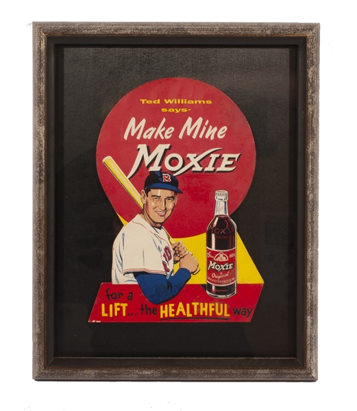 1950S TED WILLIAMS SMALL "MAKE MINE MOXIE" CARDBOARD ADVERTISING DISPLAY