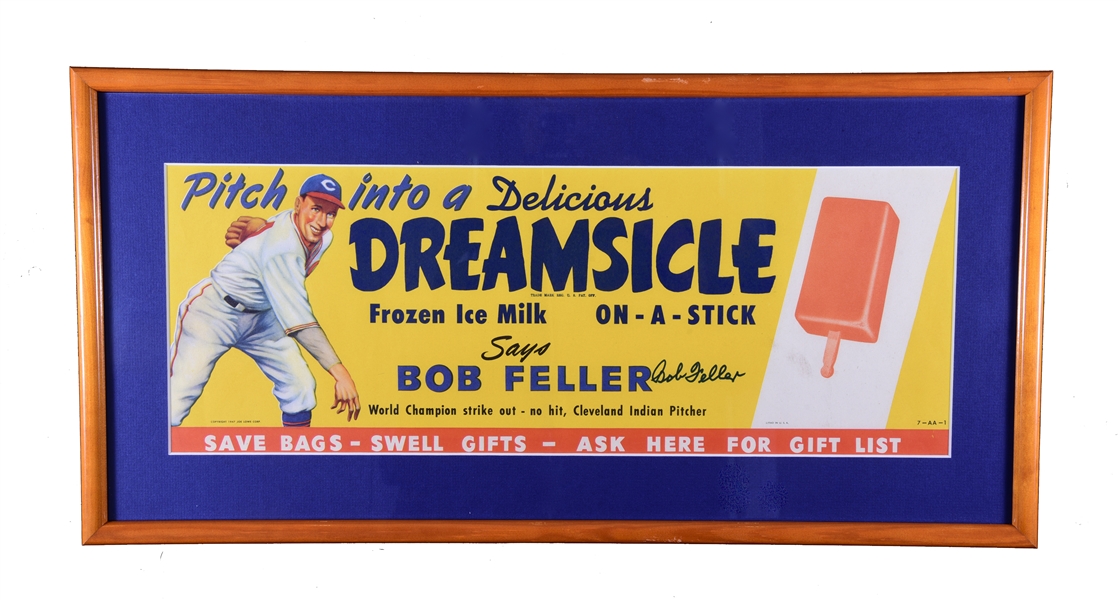 1947 BOB FELLER AUTOGRAPHED DREAMSICLE ADVERTISING DISPLAY