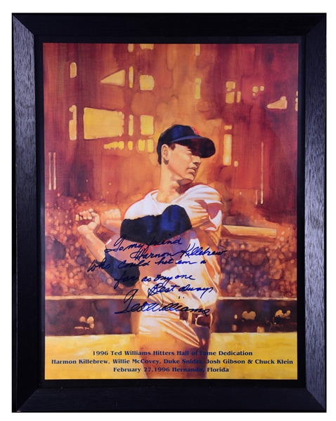 1996 TED WILLIAMS HITTERS HALL OF FAME PRINT SIGNED & INSCRIBED "TO MY FRIEND HARMON KILLEBREW WHO COULD HIT EM AS FAR AS ANYONE" - PSA/DNA LOA