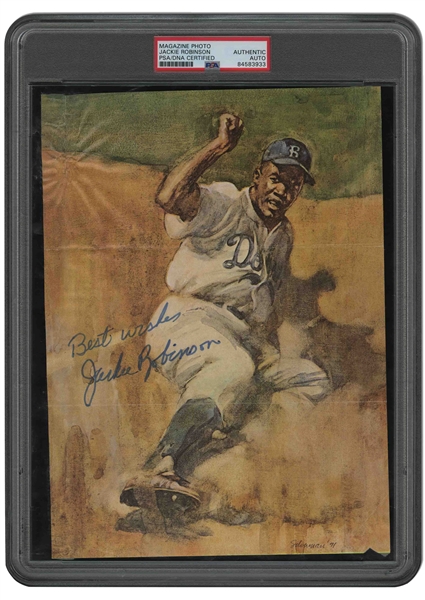 JACKIE ROBINSON SIGNED & INSCRIBED "BEST WISHES" MAGAZINE PAGE - PSA/DNA AUTHENTIC