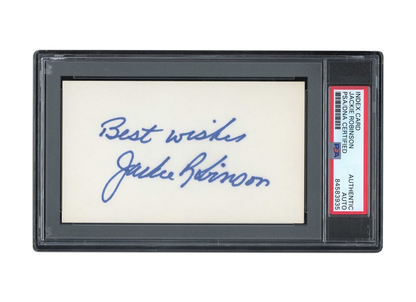 JACKIE ROBINSON SIGNED & INSCRIBED "BEST WISHES" INDEX CARD - PSA/DNA AUTHENTIC