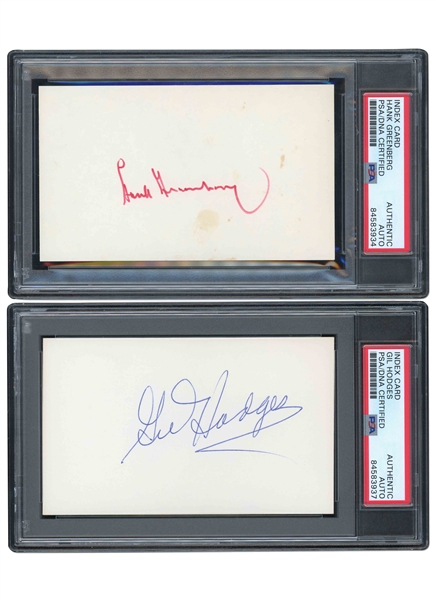 GIL HODGES AND HANK GREENBERG PAIR OF AUTOGRAPHED INDEX CARDS - PSA/DNA AUTH.