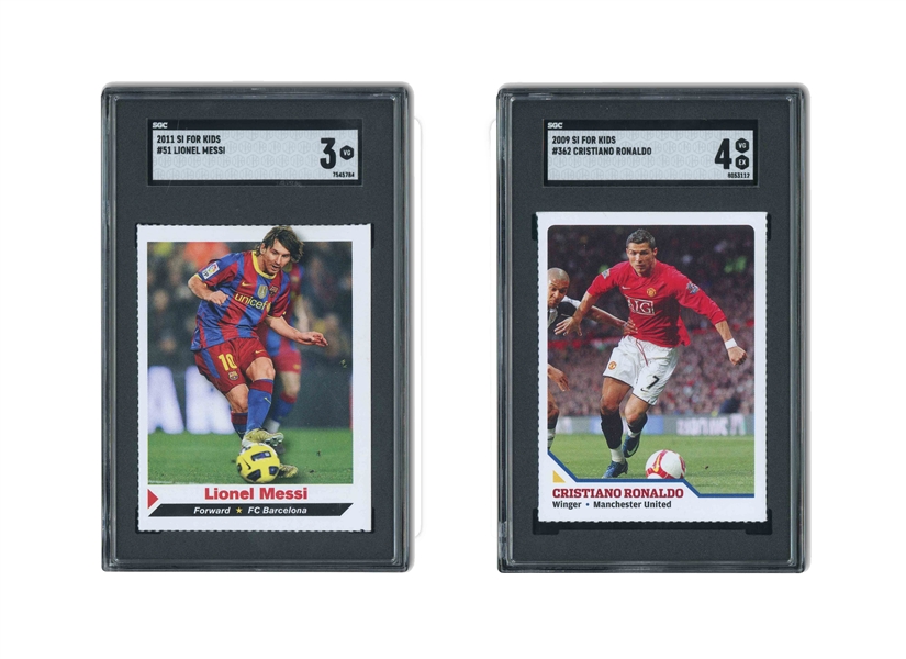 PAIR OF SOCCER LEGENDS COLORFUL S.I. FOR KIDS CARDS - 2009 #362 CRISTIANO RONALDO SGC VG-EX 4 & 2011 #51 LIONEL MESSI SGC VG 3