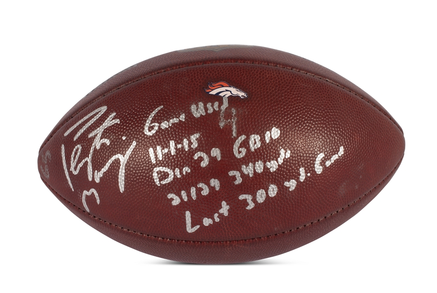 11/1/2015 PEYTON MANNING GAME USED, SIGNED & INSCRIBED FOOTBALL FROM THE FINAL 300-YARD GAME OF HIS CAREER (FANATICS CERTIFIED)