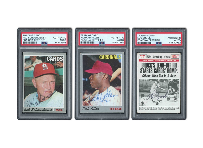 1969-70 TOPPS ST. LOUIS CARDINALS TRIO OF SIGNED CARDS INCL. LOU BROCK, RICH ALLEN & RED SCHOENDIENST - ALL PSA/DNA AUTH.