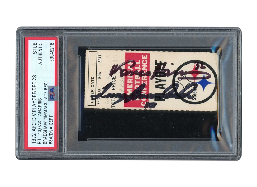 1972 AFC DIVISIONAL PLAYOFF "IMMACULATE RECEPTION" TICKET STUB SIGNED BY TERRY BRADSHAW & FRANCO HARRIS - PSA & PSA/DNA AUTHENTIC