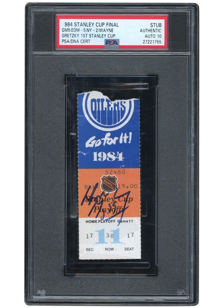 1984 STANLEY CUP FINAL GAME 5 EDMONTON OILERS (VS. ISLANDERS) TICKET STUB SIGNED BY WAYNE GRETZKY (TWO GOALS TO CLINCH HIS FIRST CUP VICTORY) - PSA AUTH. WITH PSA/DNA 10 AUTO. (ONLY SIGNED EXAMPLE)