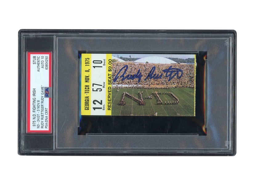 NOV. 8, 1975 NOTRE DAME VS. GEORGIA TECH "RUDY GAME" TICKET STUB SIGNED BY RUDY RUETTIGER - PSA AUTHENTIC, PSA/DNA 10 AUTO. (ONLY ONE DUAL-GRADE HIGHER)