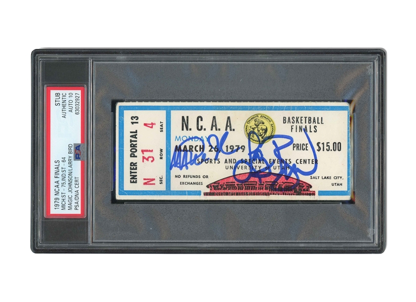 1979 NCAA CHAMPIONSHIP GAME TICKET STUB SIGNED BY MAGIC JOHNSON & LARRY BIRD (MICHIGAN STATE BEATS INDIANA STATE FOR TITLE) - PSA AUTHENTIC, PSA/DNA 10 AUTOS. (HIGHEST DUAL-GRADE EXAMPLE)