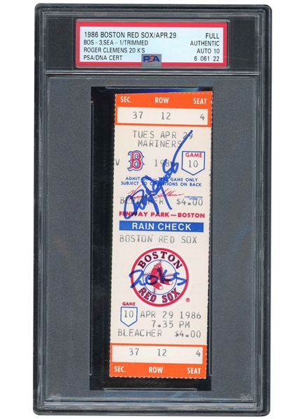 4/29/1986 BOSTON RED SOX (VS. SEA) FULL TICKET SIGNED BY ROGER CLEMENS (MLBS FIRST EVER 20K GAME) - PSA AUTHENTIC, PSA/DNA 10 AUTO.