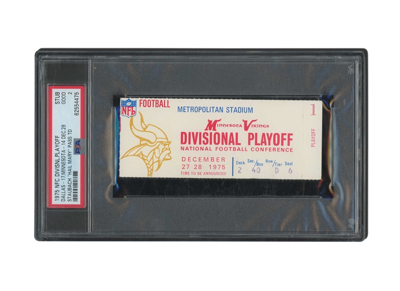 1975 DALLAS COWBOYS VS. MINNESOTA VIKINGS NFC DIVISIONAL PLAYOFF TICKET STUB (STAUBACH HAIL MARY WINS IT) - PSA GOOD 2 (ONLY TWO OTHERS IN ANY GRADE)