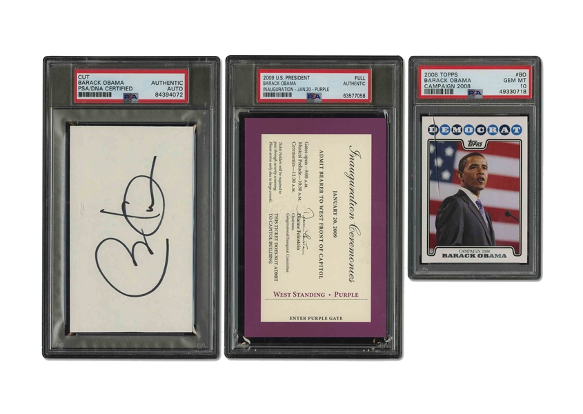 BARACK OBAMA TRIO OF CUT SIGNATURE & INAUGURATION TICKET (BOTH PSA AUTH.) AND 2008 TOPPS CAMPAIGN CARD (PSA GEM MINT 10)